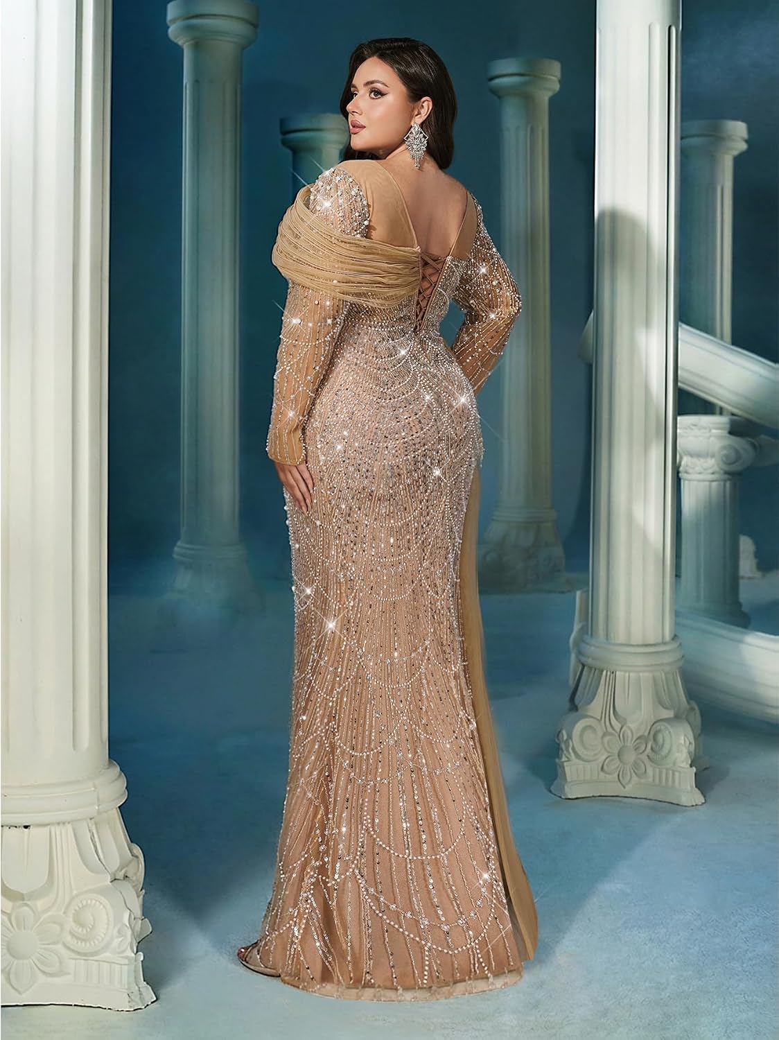 Women's sequin beaded mermaid formal gown in [color] with long sleeves, bodycon fit, worn as wedding guest dress — view 2