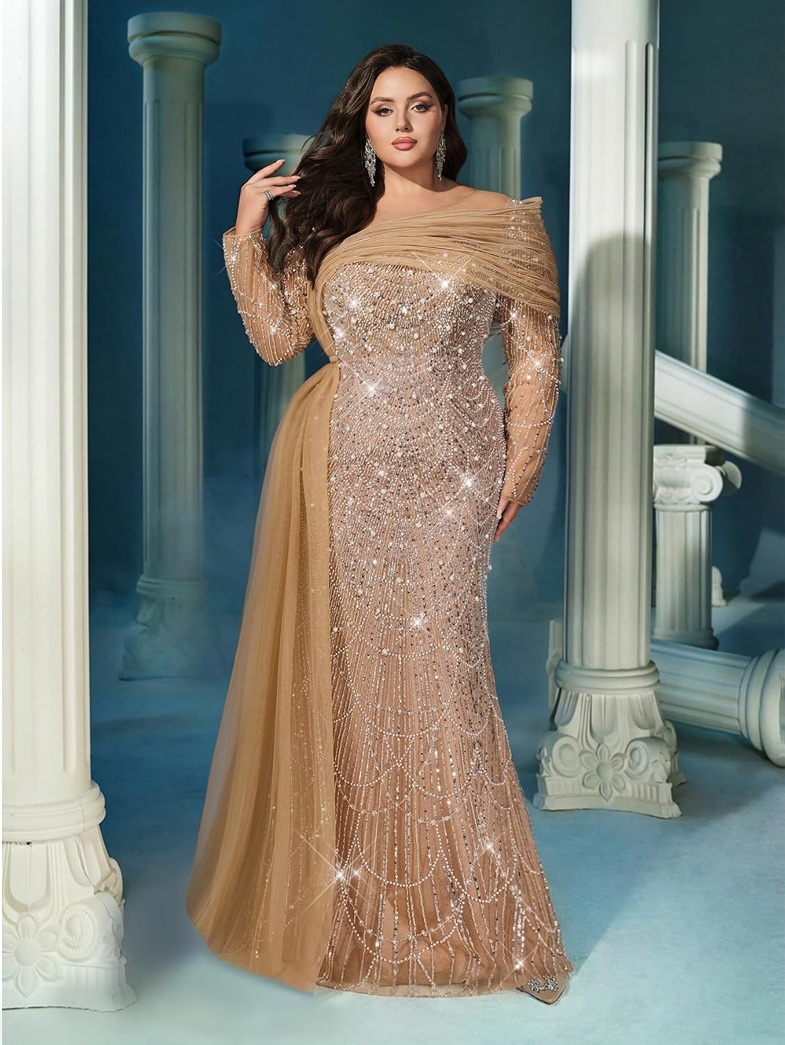 Women's sequin beaded mermaid formal gown in [color] with long sleeves, bodycon fit, worn as wedding guest dress — view 3