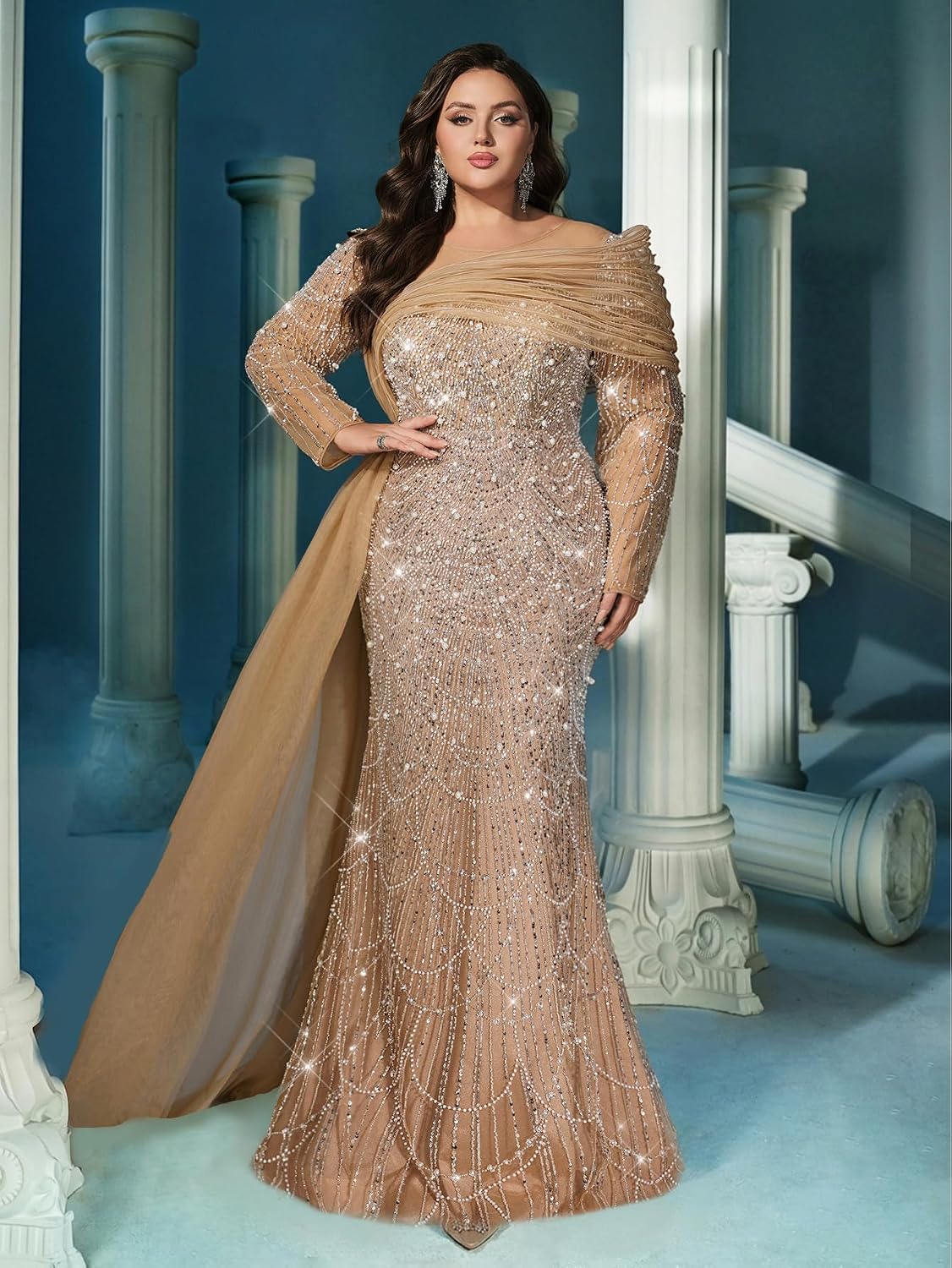 Women's sequin beaded mermaid formal gown in [color] with long sleeves, bodycon fit, worn as wedding guest dress — view 4