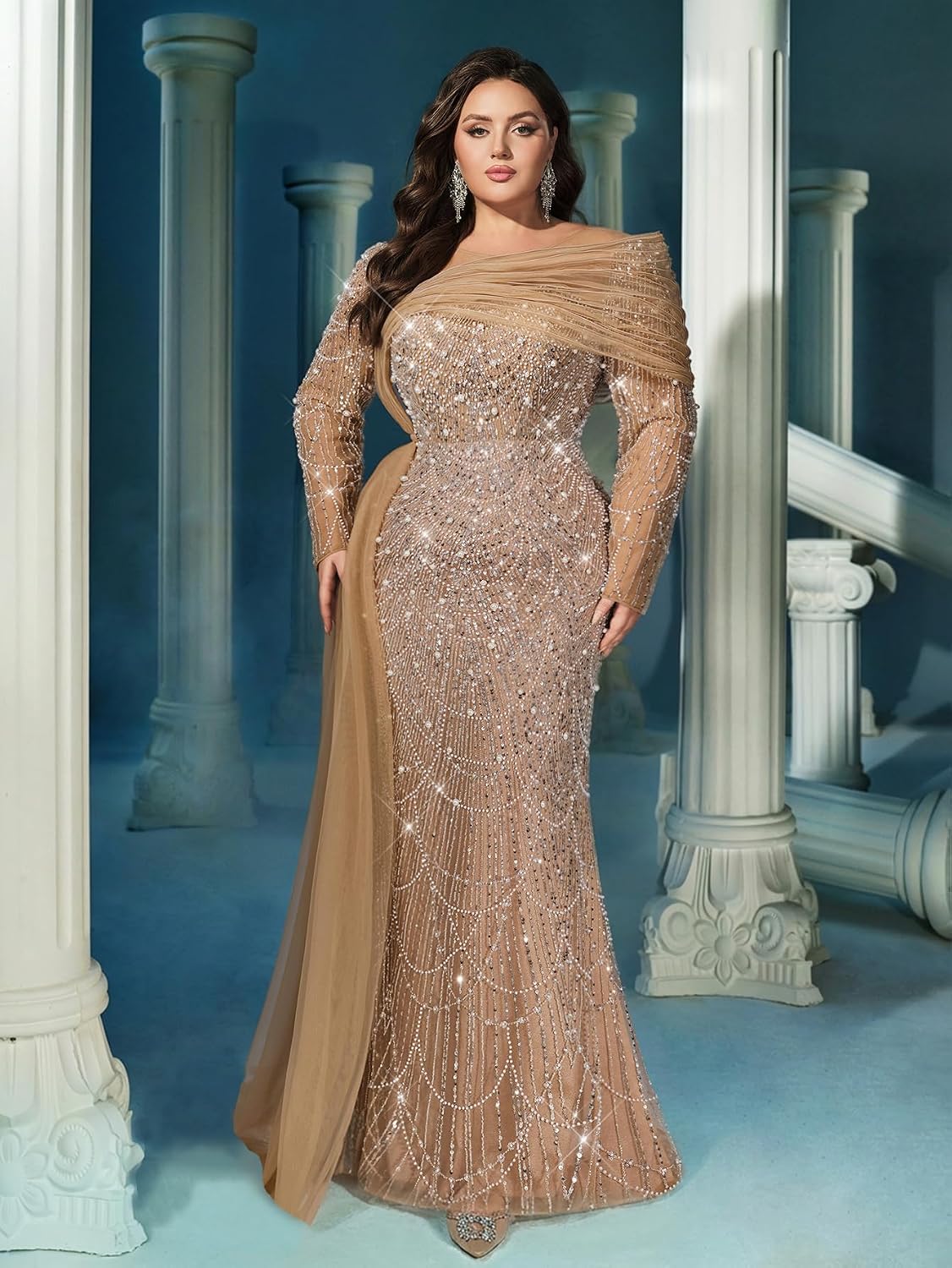 Women's sequin beaded mermaid formal gown in [color] with long sleeves, bodycon fit, worn as wedding guest dress — view 4