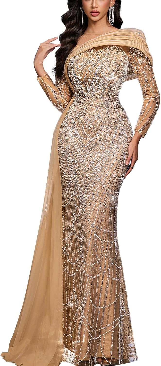 Women's sequin beaded mermaid formal gown in [color] with long sleeves, bodycon fit, worn as wedding guest dress — view 5
