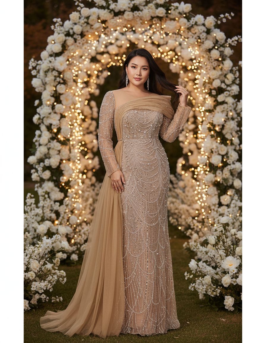 Women's sequin beaded mermaid formal gown in [color] with long sleeves, bodycon fit, worn as wedding guest dress — editorial hero