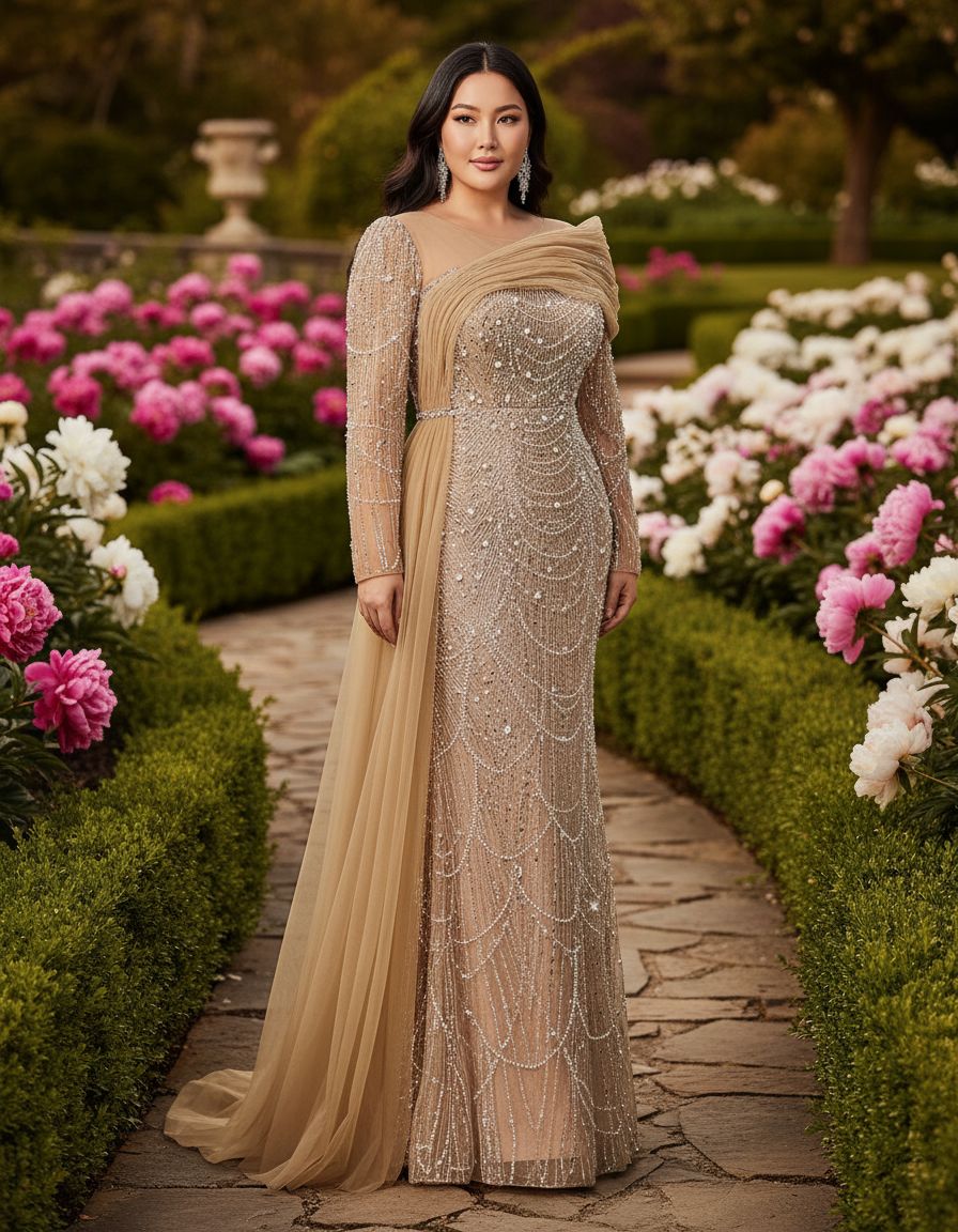 Women's sequin beaded mermaid formal gown in [color] with long sleeves, bodycon fit, worn as wedding guest dress — view 3b