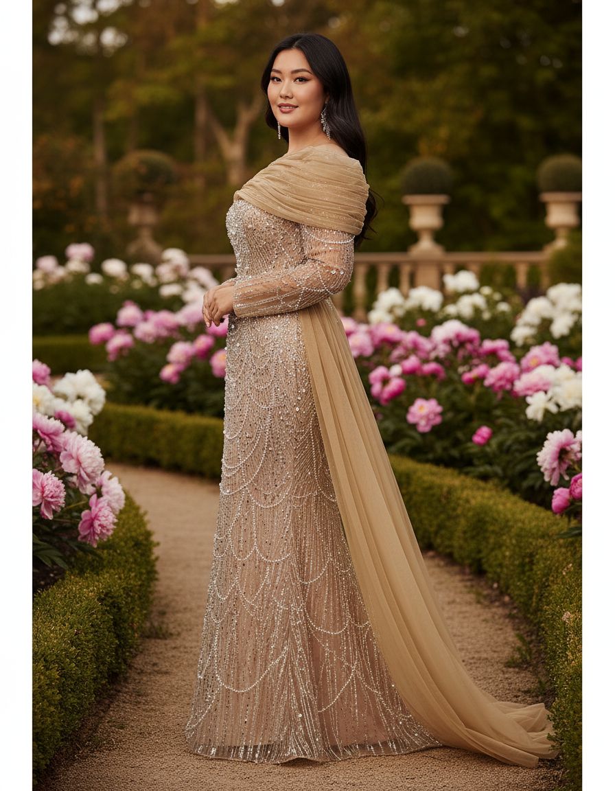 Women's sequin beaded mermaid formal gown in [color] with long sleeves, bodycon fit, worn as wedding guest dress — view 5b