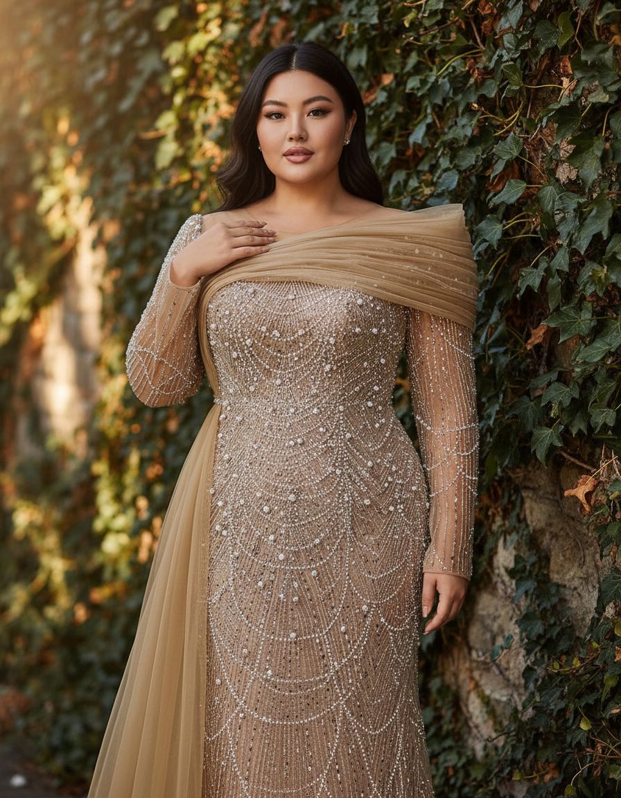 Women's sequin beaded mermaid formal gown in [color] with long sleeves, bodycon fit, worn as wedding guest dress — view 7b
