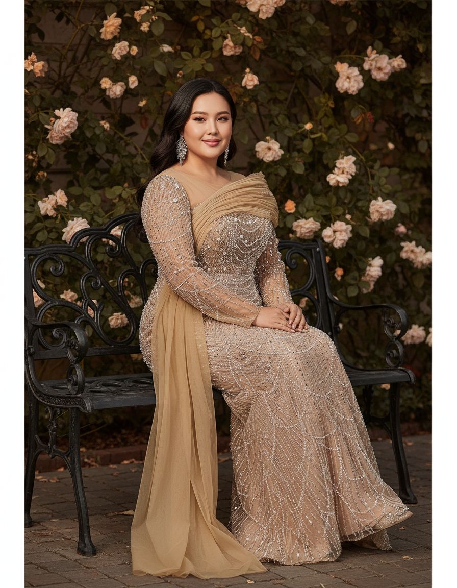 Women's sequin beaded mermaid formal gown in [color] with long sleeves, bodycon fit, worn as wedding guest dress — view 2
