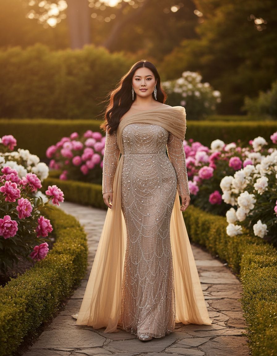 Women's sequin beaded mermaid formal gown in [color] with long sleeves, bodycon fit, worn as wedding guest dress — view 3a