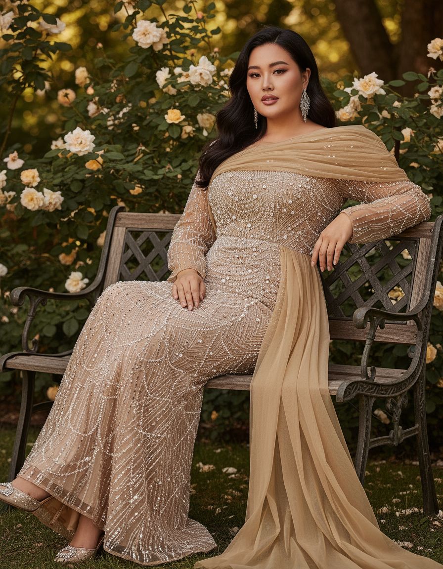 Women's sequin beaded mermaid formal gown in [color] with long sleeves, bodycon fit, worn as wedding guest dress — view 4