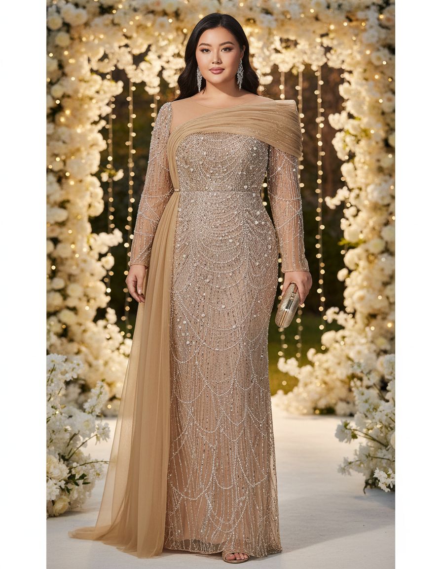 Women's sequin beaded mermaid formal gown in [color] with long sleeves, bodycon fit, worn as wedding guest dress — view 5a