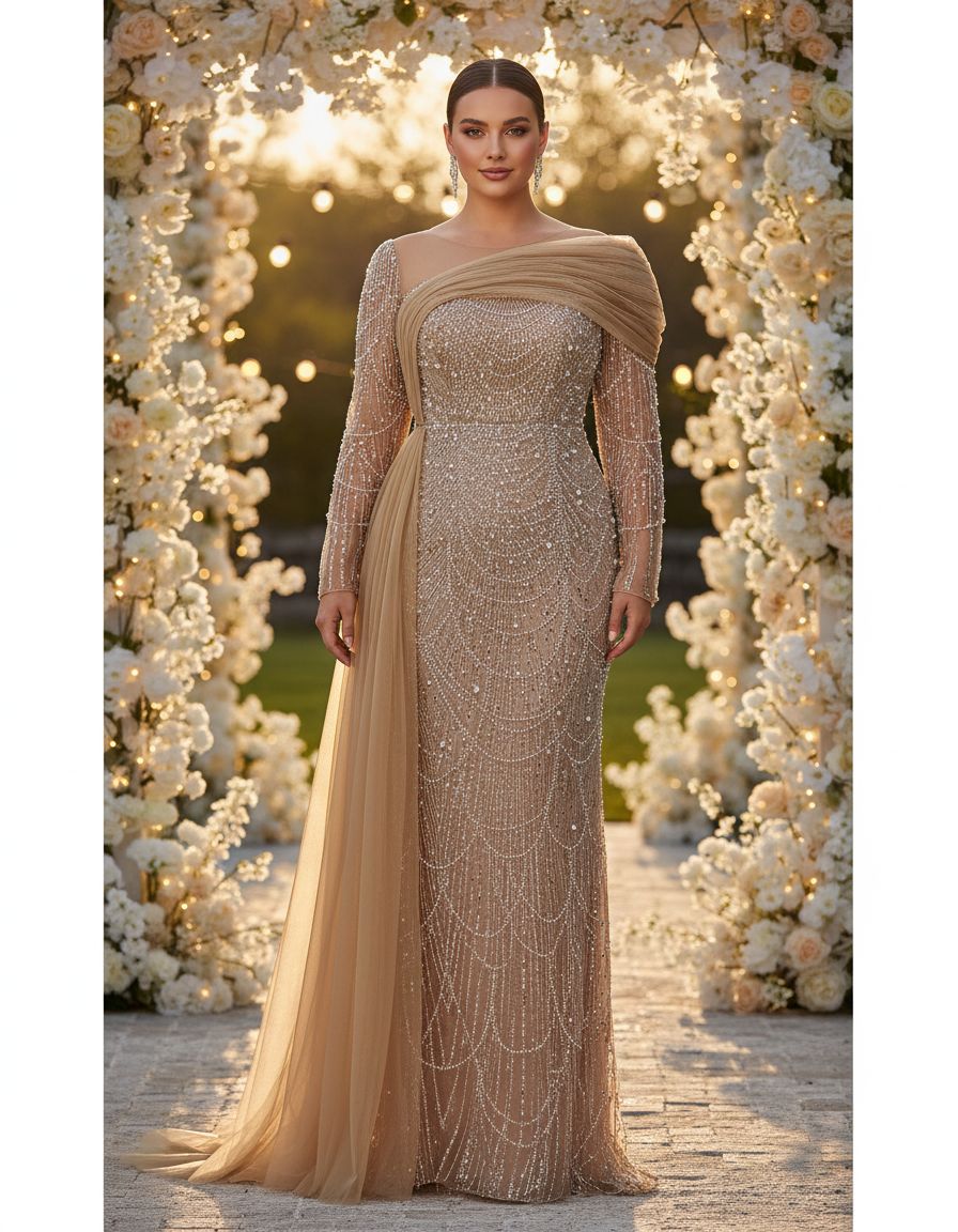 Women's sequin beaded mermaid formal gown in [color] with long sleeves, bodycon fit, worn as wedding guest dress — view 6