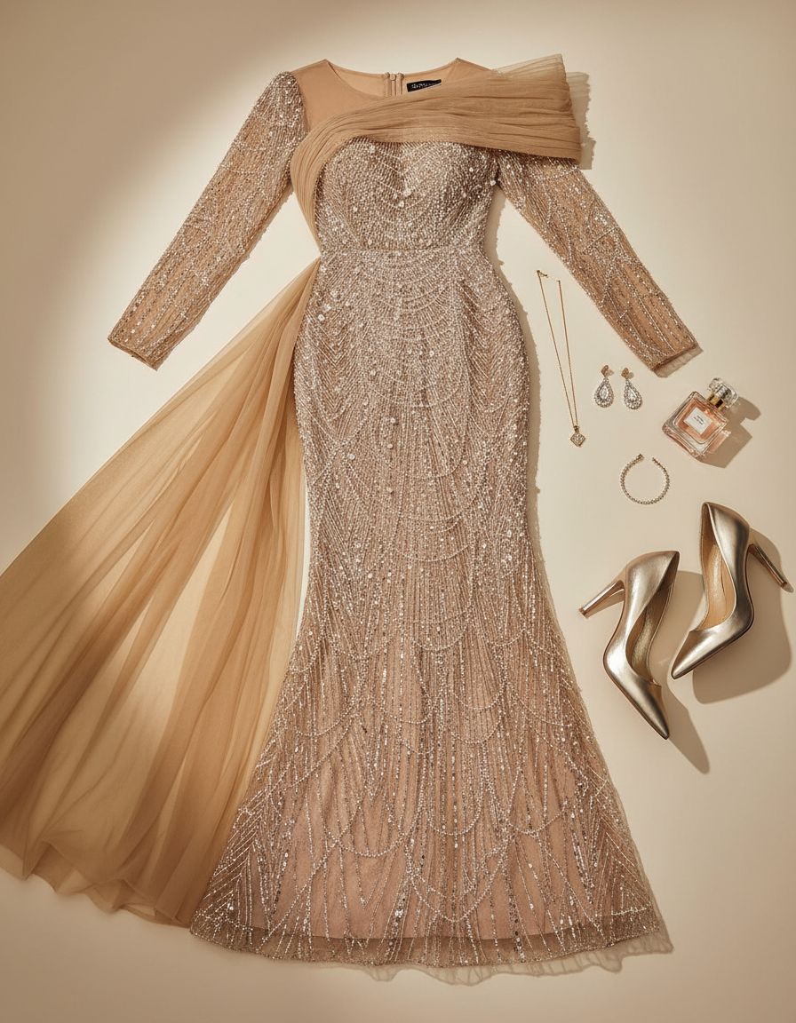 Women's sequin beaded mermaid formal gown in [color] with long sleeves, bodycon fit, worn as wedding guest dress — view 7a