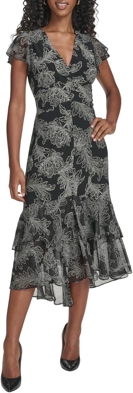 Tommy Hilfiger women's flutter sleeve V-neck midi dress with ruffle trim in [color], styled for [casual/date night/wedding guest occasion] — view 1