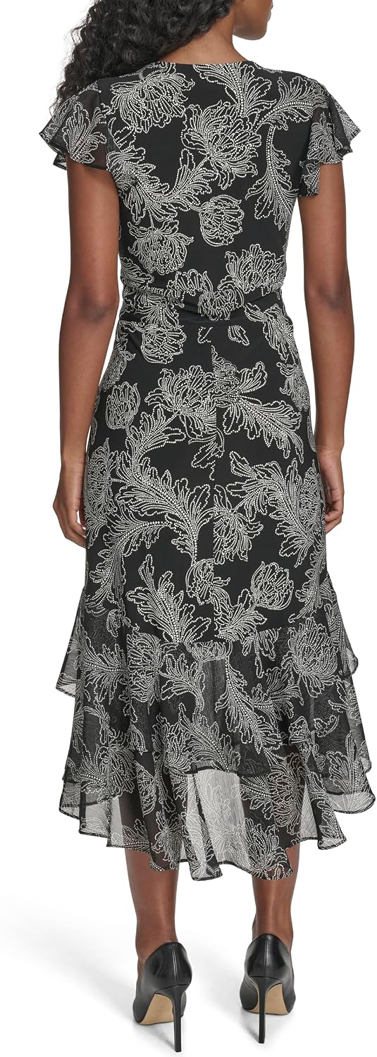 Tommy Hilfiger women's flutter sleeve V-neck midi dress with ruffle trim in [color], styled for [casual/date night/wedding guest occasion] — view 3