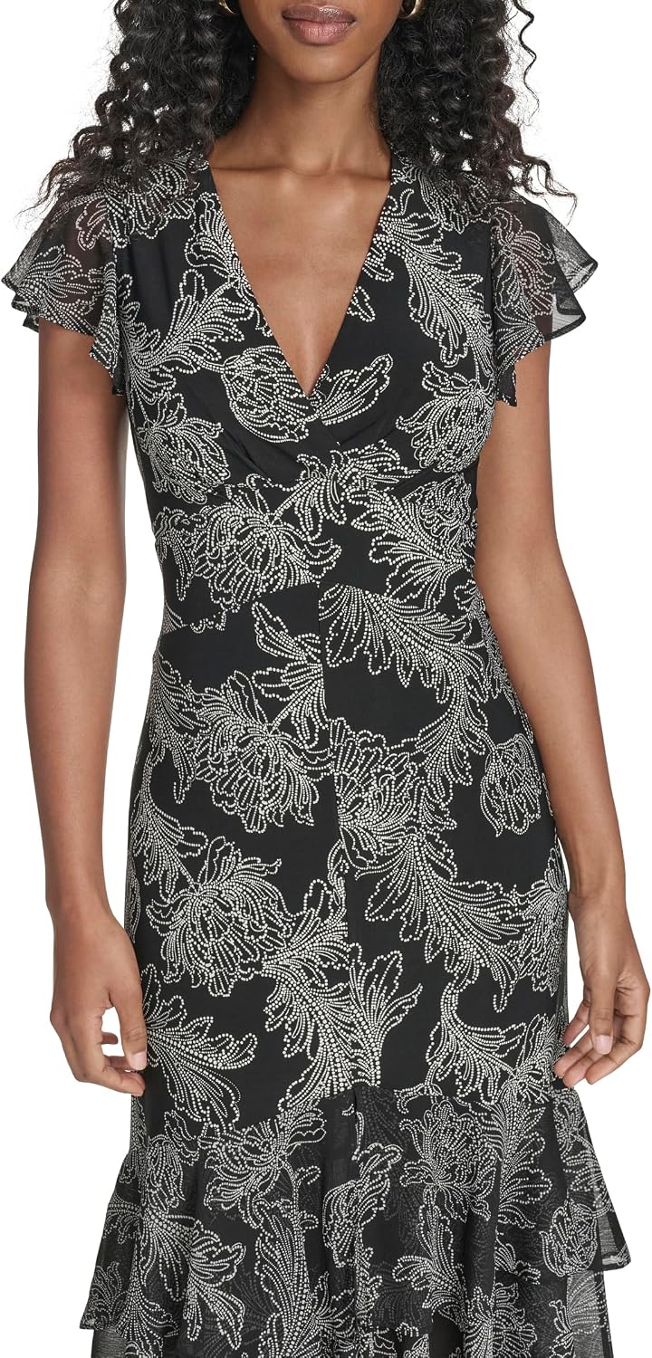 Tommy Hilfiger women's flutter sleeve V-neck midi dress with ruffle trim in [color], styled for [casual/date night/wedding guest occasion] — view 4