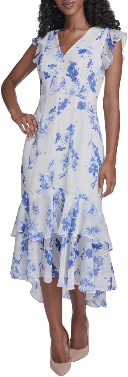 Tommy Hilfiger women's flutter sleeve V-neck midi dress with ruffle trim in [color], styled for [casual/date night/wedding guest occasion] — view 3