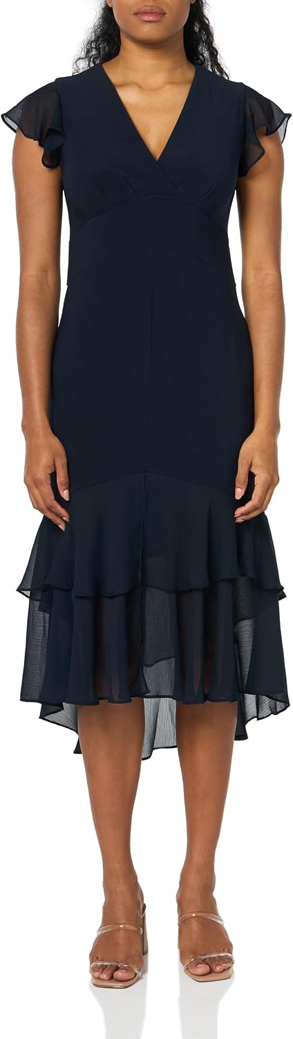 Tommy Hilfiger women's flutter sleeve V-neck midi dress with ruffle trim in [color], styled for [casual/date night/wedding guest occasion] — view 4