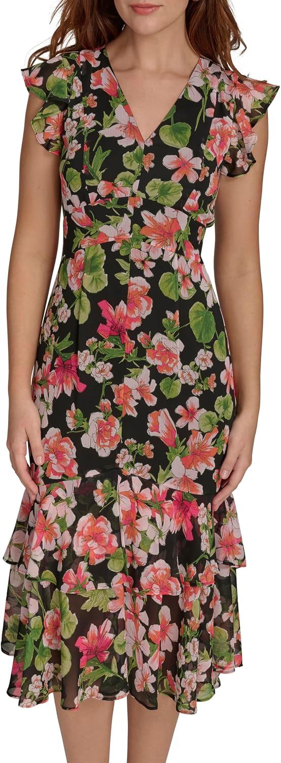 Tommy Hilfiger women's flutter sleeve V-neck midi dress with ruffle trim in [color], styled for [casual/date night/wedding guest occasion] — view 5