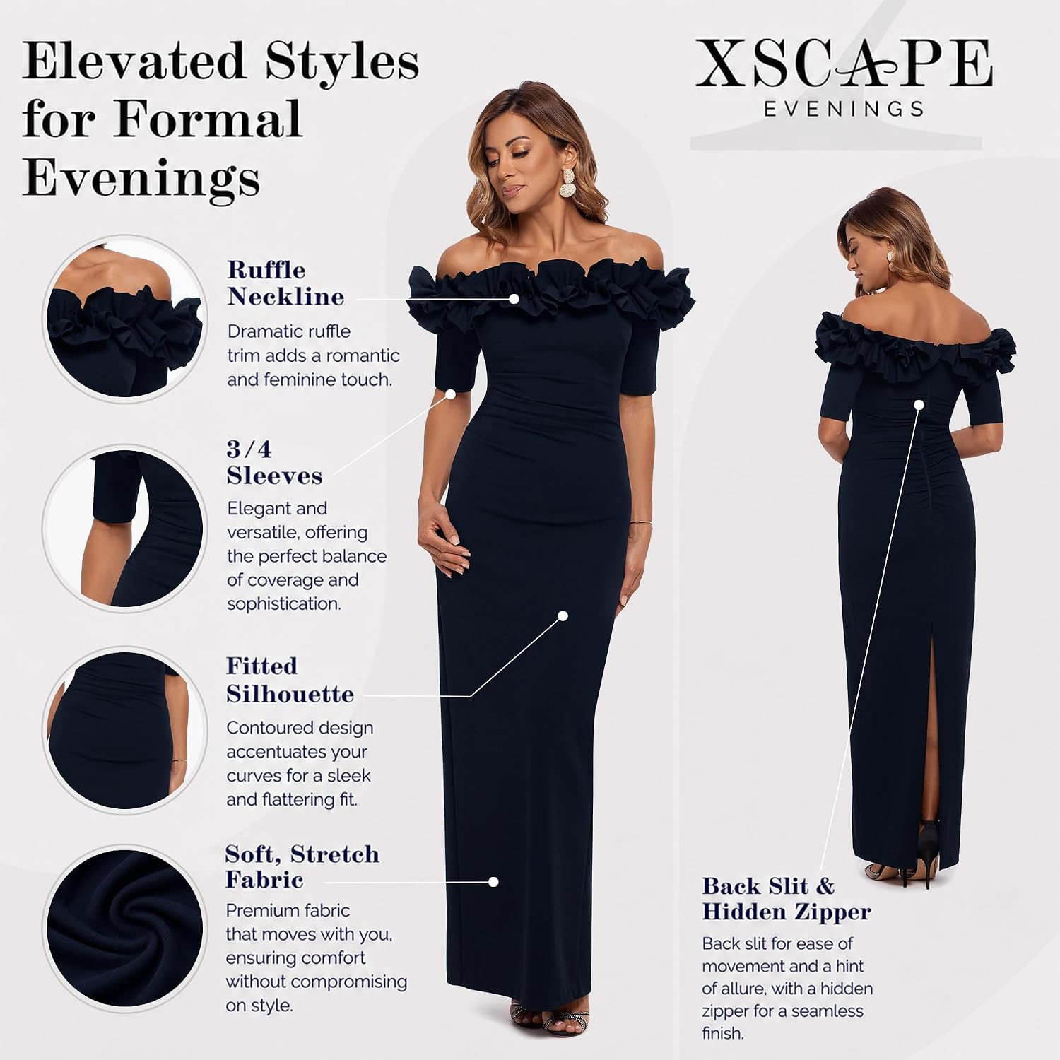 Long off-the-shoulder formal evening gown with ruffle neckline and ¾ sleeves, featuring back slit detail for wedding guest or formal event wear — view 2