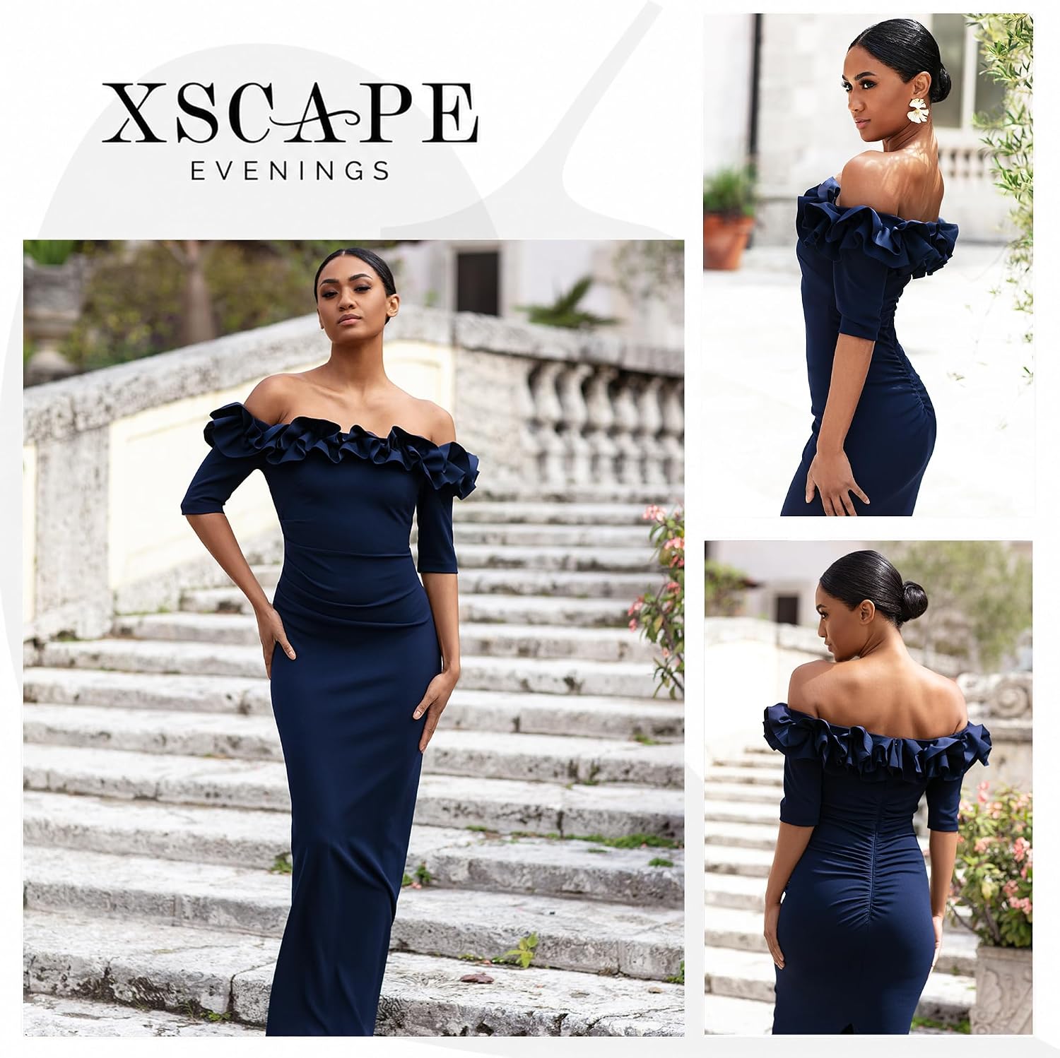 Long off-the-shoulder formal evening gown with ruffle neckline and ¾ sleeves, featuring back slit detail for wedding guest or formal event wear — view 3