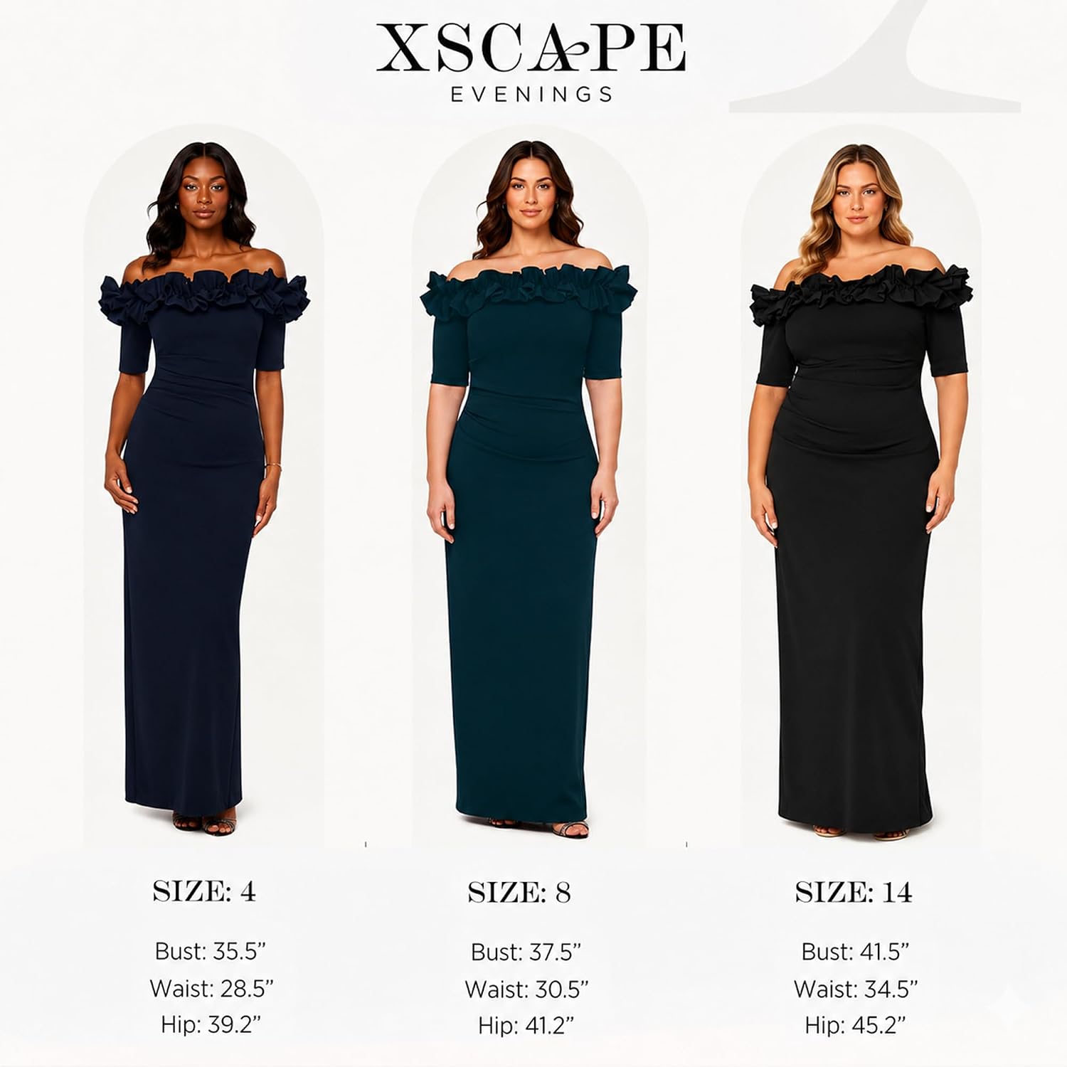 Long off-the-shoulder formal evening gown with ruffle neckline and ¾ sleeves, featuring back slit detail for wedding guest or formal event wear — view 3