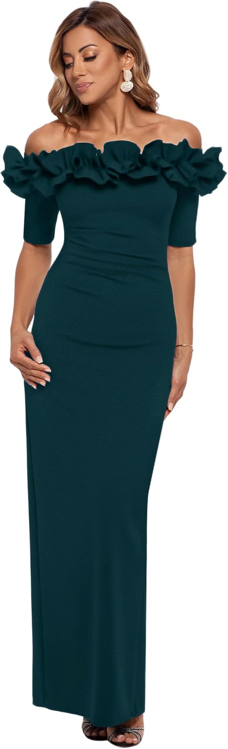 Long off-the-shoulder formal evening gown with ruffle neckline and ¾ sleeves, featuring back slit detail for wedding guest or formal event wear — view 4