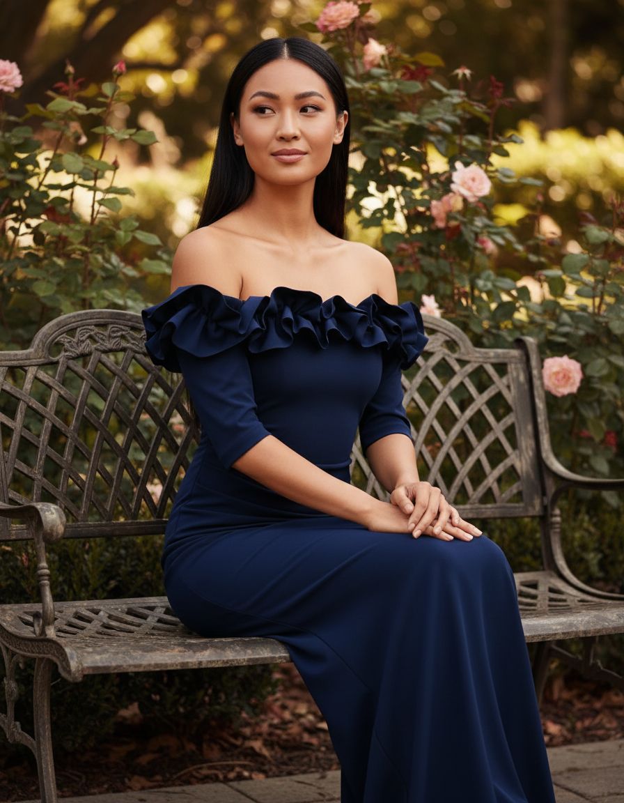 Long off-the-shoulder formal evening gown with ruffle neckline and ¾ sleeves, featuring back slit detail for wedding guest or formal event wear — view 2