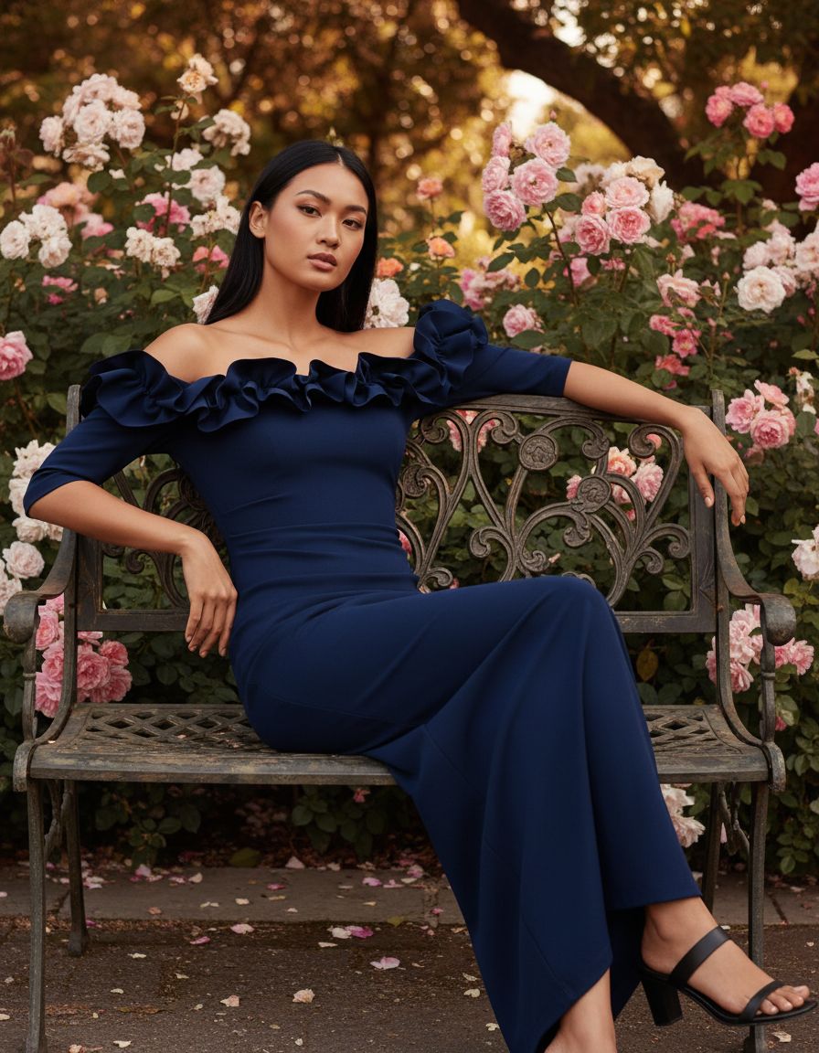 Long off-the-shoulder formal evening gown with ruffle neckline and ¾ sleeves, featuring back slit detail for wedding guest or formal event wear — view 4