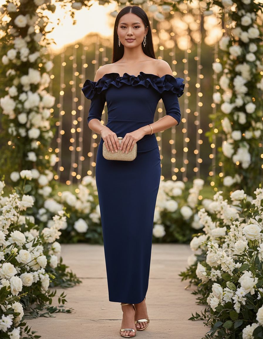 Long off-the-shoulder formal evening gown with ruffle neckline and ¾ sleeves, featuring back slit detail for wedding guest or formal event wear — view 5a