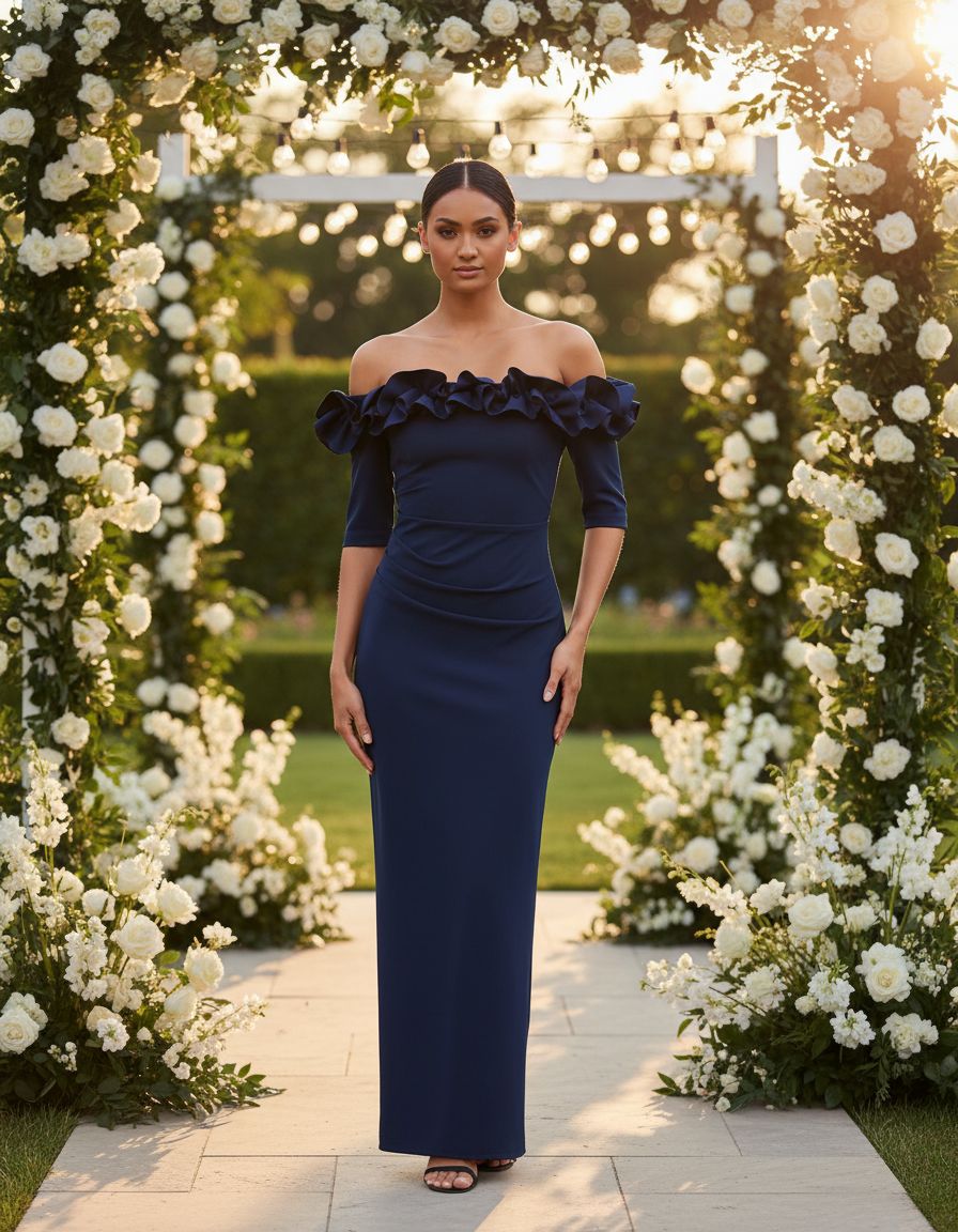 Long off-the-shoulder formal evening gown with ruffle neckline and ¾ sleeves, featuring back slit detail for wedding guest or formal event wear — view 6