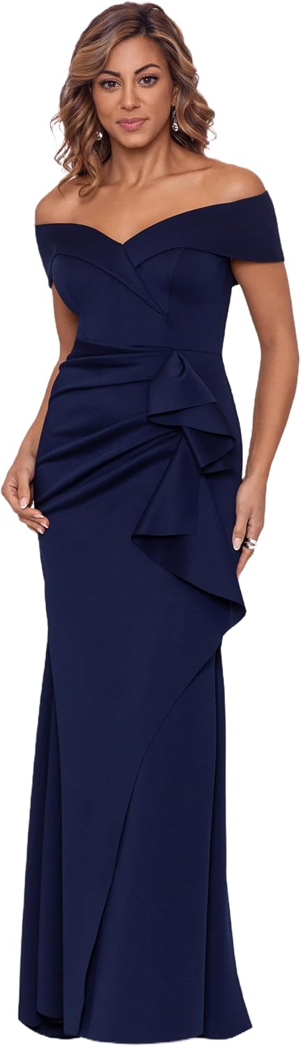 Off-shoulder formal evening gown with sweetheart neckline, ruching detail, and draped ruffle skirt in [color] for wedding guest — view 1