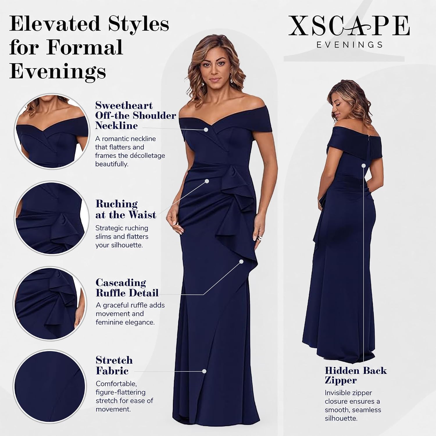 Off-shoulder formal evening gown with sweetheart neckline, ruching detail, and draped ruffle skirt in [color] for wedding guest — view 2