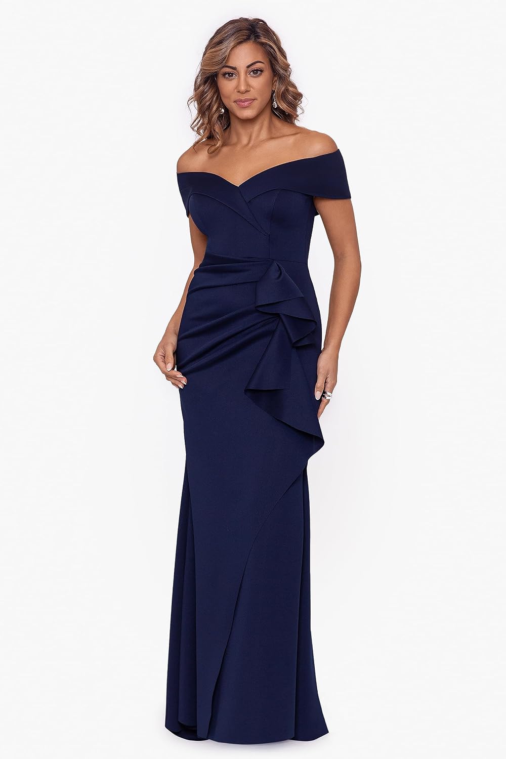 Off-shoulder formal evening gown with sweetheart neckline, ruching detail, and draped ruffle skirt in [color] for wedding guest — view 3