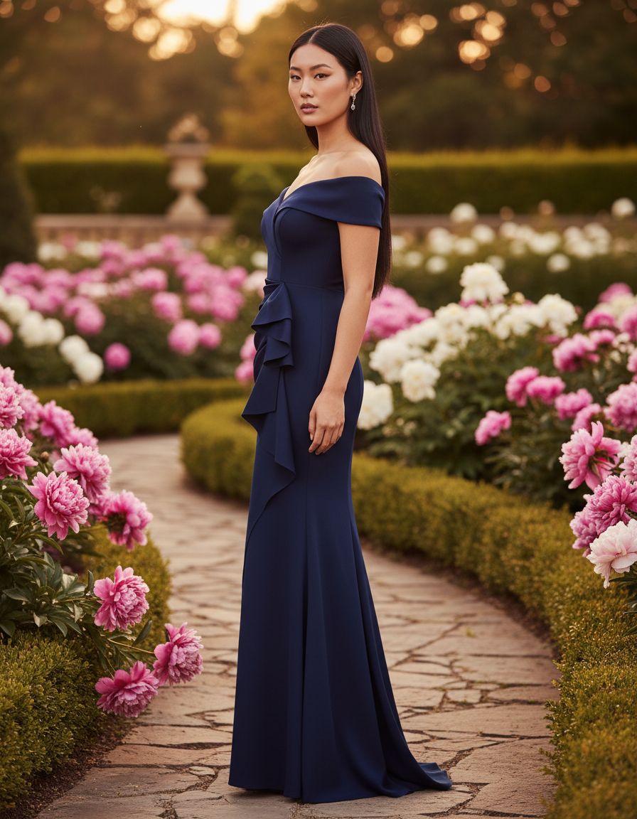 Off-shoulder formal evening gown with sweetheart neckline, ruching detail, and draped ruffle skirt in [color] for wedding guest — view 5b