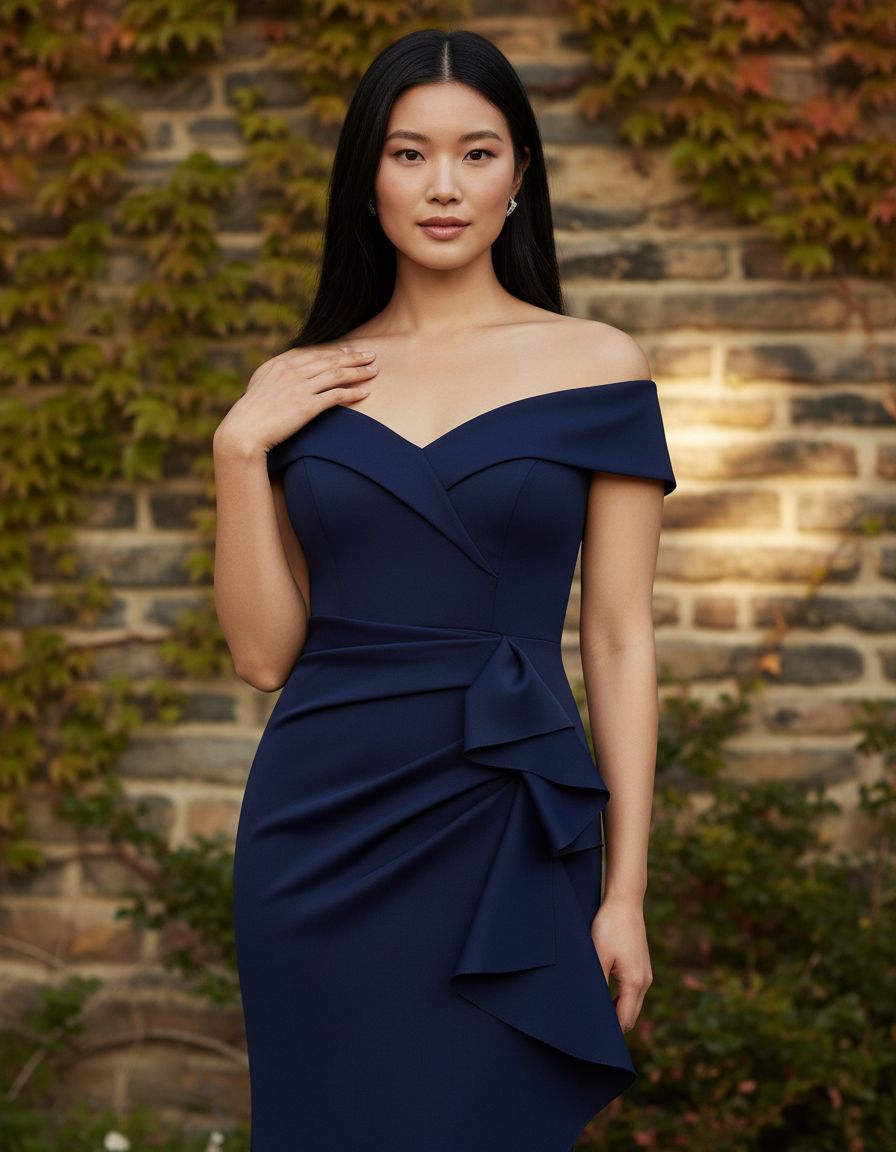 Off-shoulder formal evening gown with sweetheart neckline, ruching detail, and draped ruffle skirt in [color] for wedding guest — view 7b