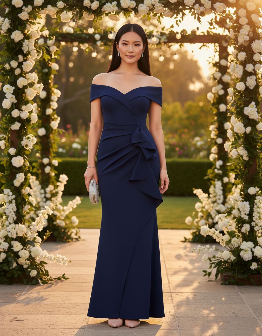 Off-shoulder formal evening gown with sweetheart neckline, ruching detail, and draped ruffle skirt in [color] for wedding guest — view 5a