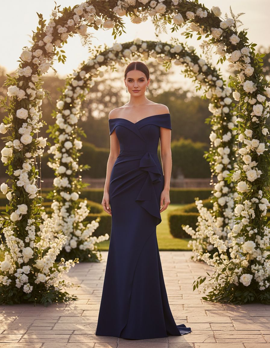 Off-shoulder formal evening gown with sweetheart neckline, ruching detail, and draped ruffle skirt in [color] for wedding guest — view 6