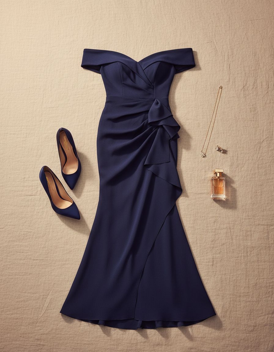 Off-shoulder formal evening gown with sweetheart neckline, ruching detail, and draped ruffle skirt in [color] for wedding guest — view 7a