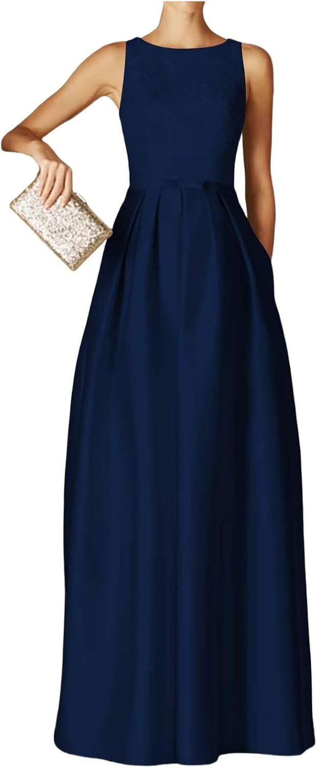 Elegant lace A-line prom dress in [color] with satin finish, crew neck, and pockets, worn as a wedding guest dress — front
