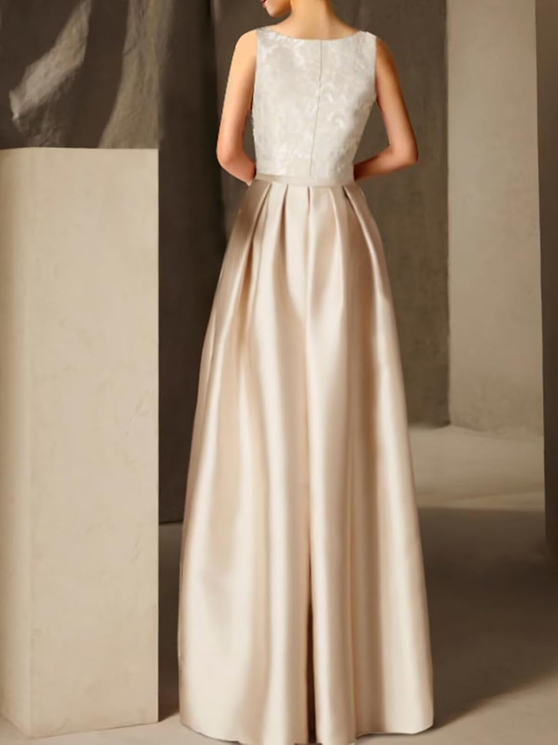 Elegant lace A-line prom dress in [color] with satin finish, crew neck, and pockets, worn as a wedding guest dress — side
