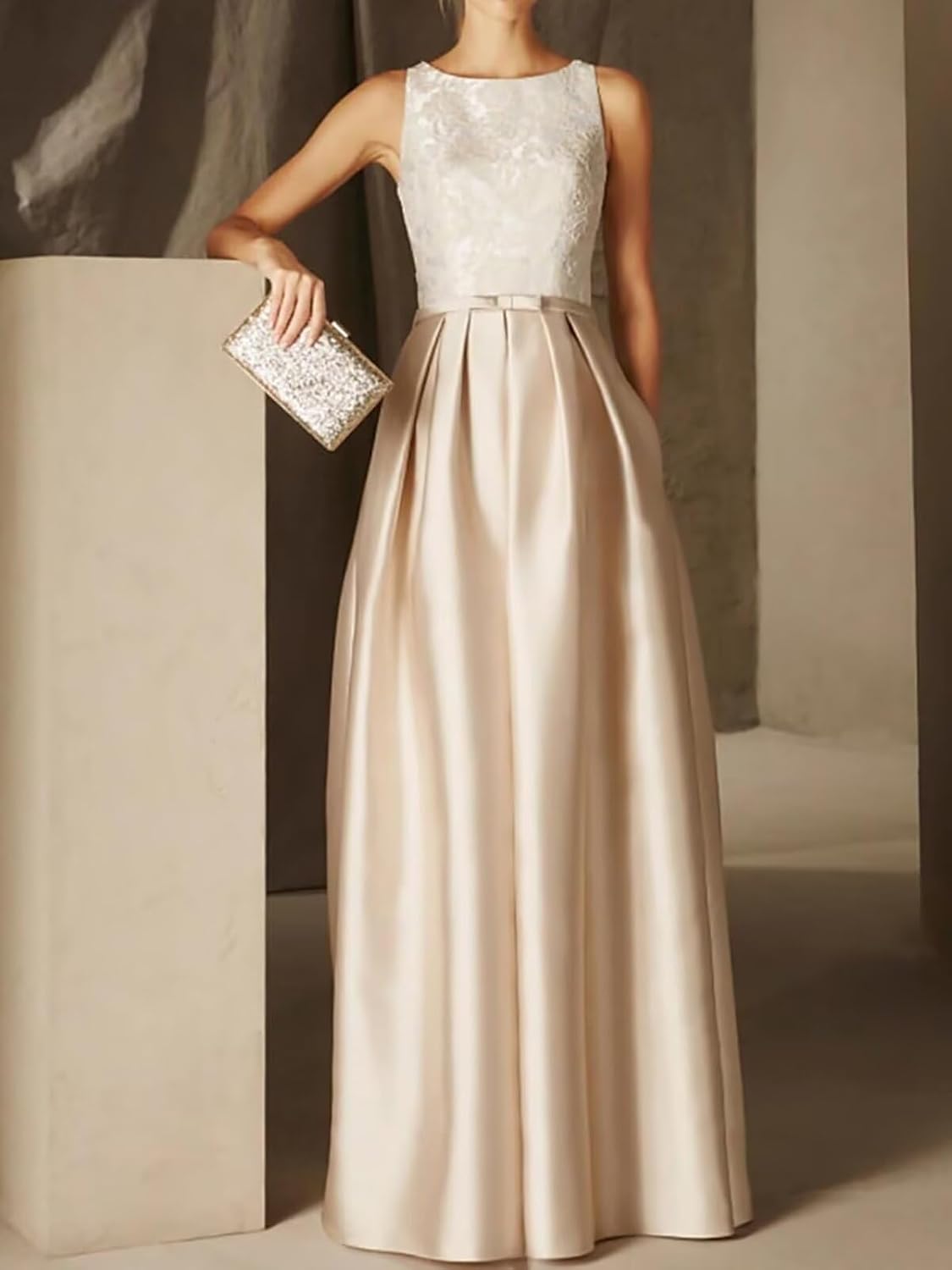 Elegant lace A-line prom dress in [color] with satin finish, crew neck, and pockets, worn as a wedding guest dress — back