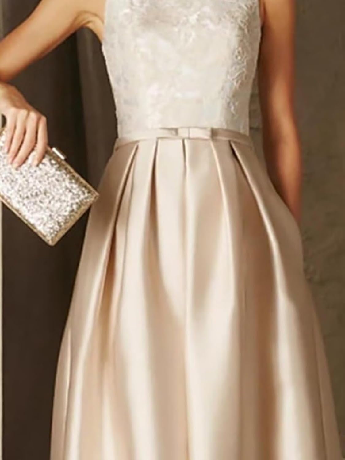 Elegant lace A-line prom dress in [color] with satin finish, crew neck, and pockets, worn as a wedding guest dress — detail