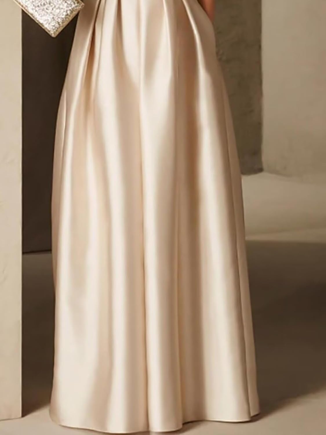 Elegant lace A-line prom dress in [color] with satin finish, crew neck, and pockets, worn as a wedding guest dress — view 2