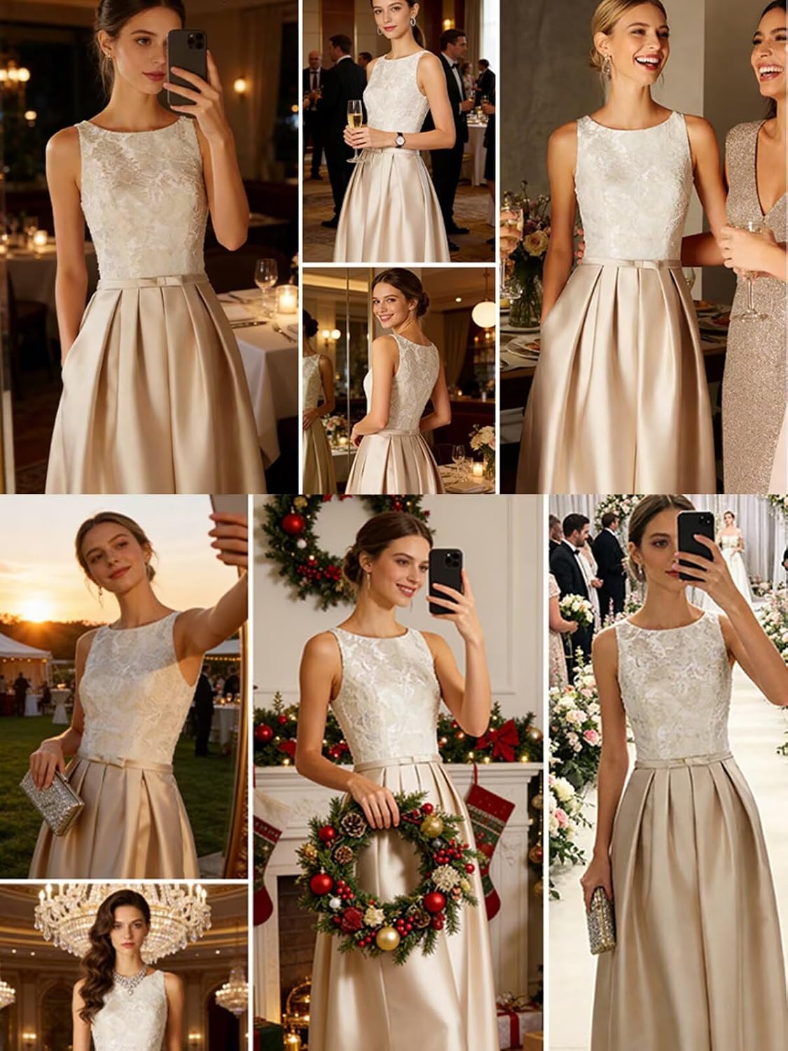 Elegant lace A-line prom dress in [color] with satin finish, crew neck, and pockets, worn as a wedding guest dress — view 4