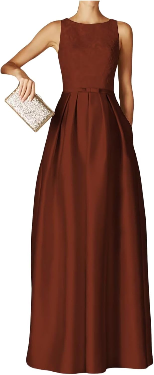Elegant lace A-line prom dress in [color] with satin finish, crew neck, and pockets, worn as a wedding guest dress — view 5