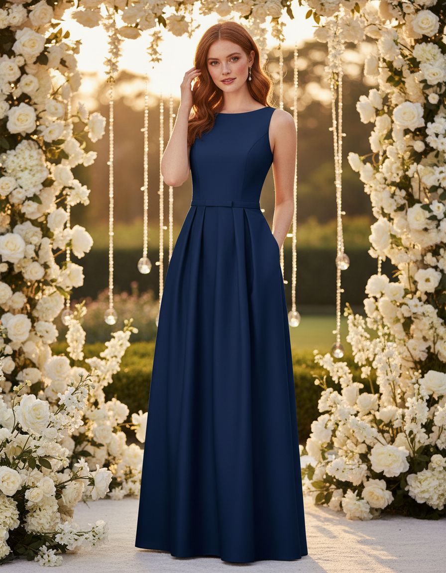 Elegant lace A-line prom dress in [color] with satin finish, crew neck, and pockets, worn as a wedding guest dress — editorial hero