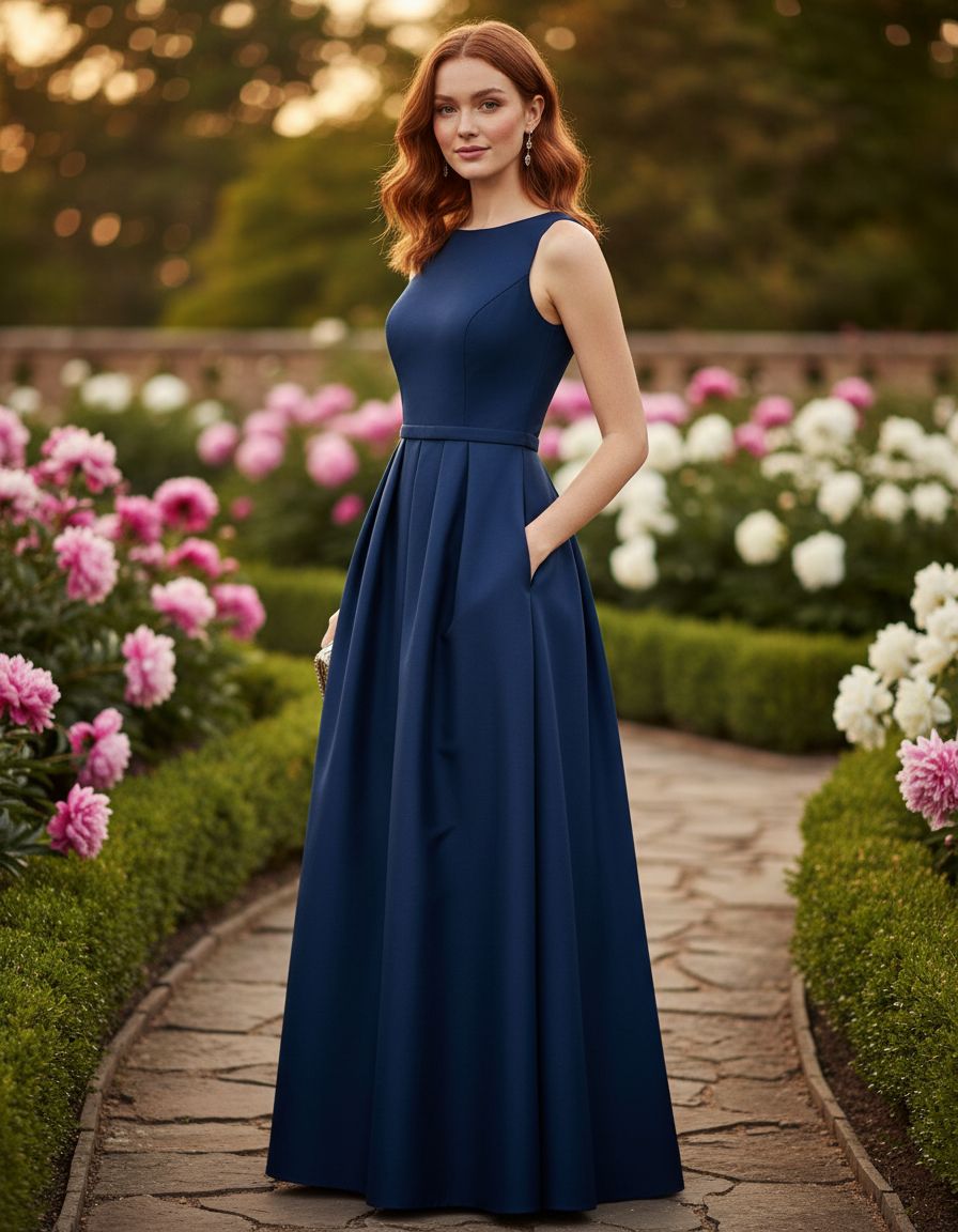 Elegant lace A-line prom dress in [color] with satin finish, crew neck, and pockets, worn as a wedding guest dress — view 3b