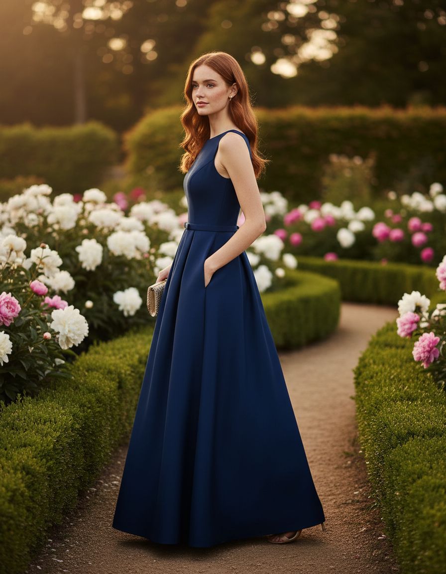Elegant lace A-line prom dress in [color] with satin finish, crew neck, and pockets, worn as a wedding guest dress — view 5b