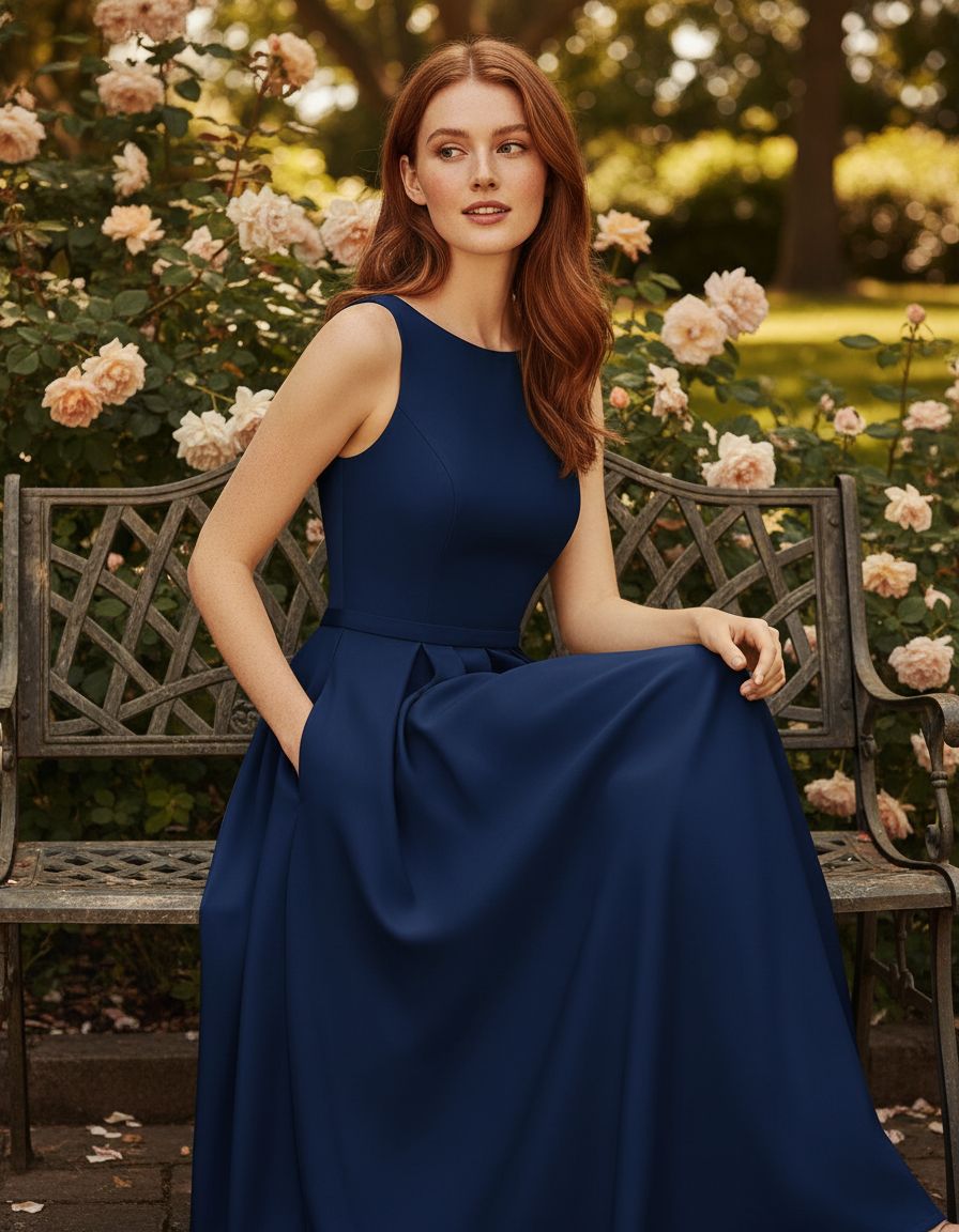 Elegant lace A-line prom dress in [color] with satin finish, crew neck, and pockets, worn as a wedding guest dress — view 2