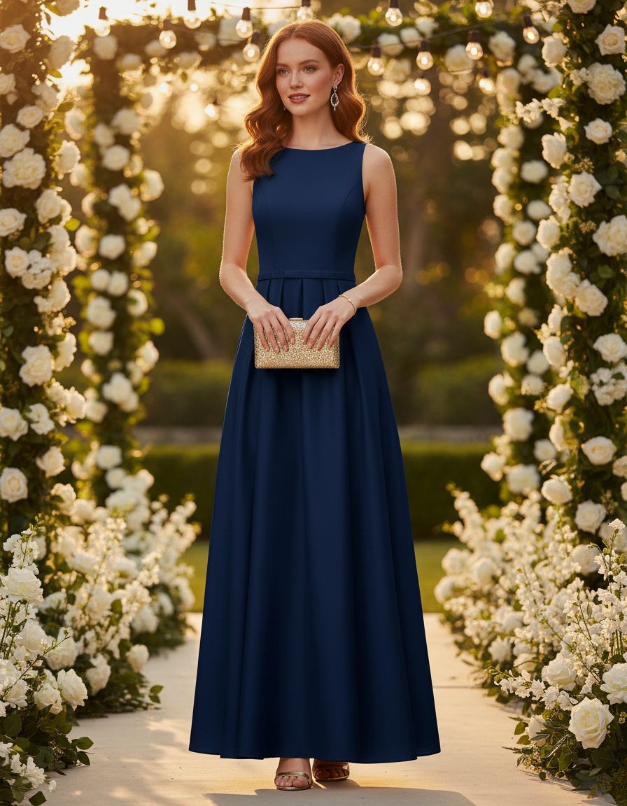 Elegant lace A-line prom dress in [color] with satin finish, crew neck, and pockets, worn as a wedding guest dress — view 5a