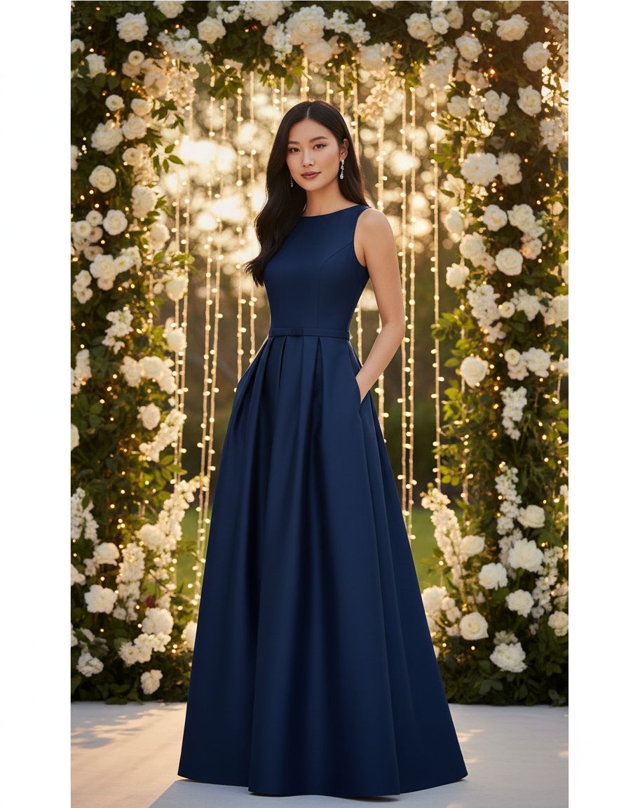 Elegant lace A-line prom dress in [color] with satin finish, crew neck, and pockets, worn as a wedding guest dress — view 6